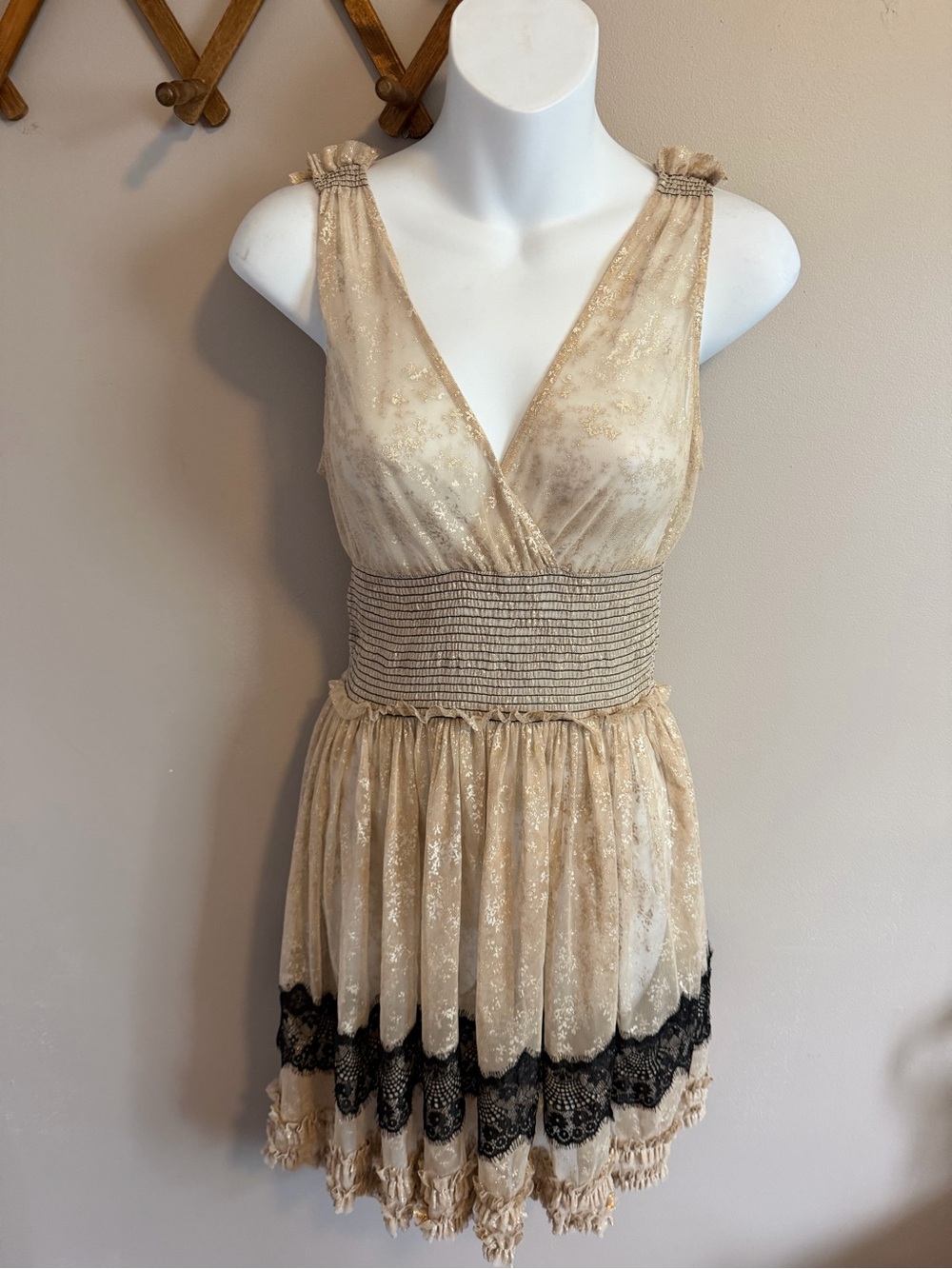 Free People New Romantics Gold Black Lace Mesh Ruffle Mini Dress XS